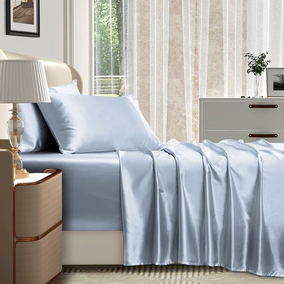 Homiest 4-teiliges extra tiefes Satin-Bettwäsche-Set, volle Größe, 45.7,61 cm tiefe Taschen-Bettlaken, babyblaues Satin-Bettlaken-Set, luxuriöses Spannbetttuch-Set, passend für ultratiefe Matratzen