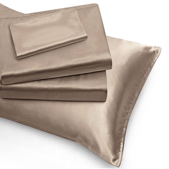 Homiest 4-teiliges extra tiefes Satin-Bettwäsche-Set, Queen-Size-Bettlaken, 45.7,61 cm tiefe Taschen-Bettlaken, Taupe Satin, luxuriöses Spannbetttuch-Set, passend für ultratiefe Matratzen