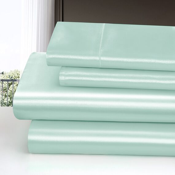 Homiest 4-teiliges Satin-Bettwäsche-Set, luxuriöses, seidiges Satin-Bettwäsche-Set mit tiefer Tasche, 1 Spannbetttuch + 1 Bettlaken + 2 Kissenbezüge (King-Size, Mintgrün)