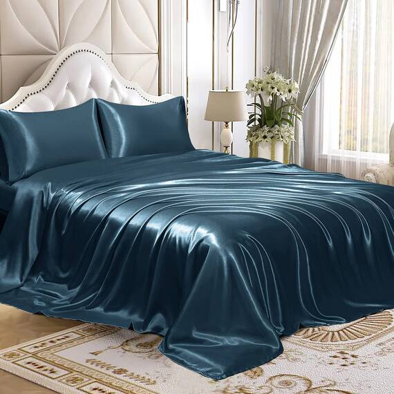 Homiest 4-teiliges Satin-Bettwäsche-Set mit tiefer Tasche, 1 Spannbetttuch + 1 Bettlaken + 2 Kissenbezüge (King Size, Deep Sea Blue)