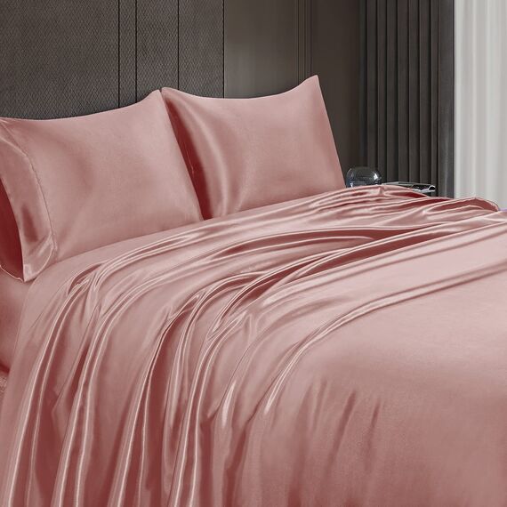 Homiest 4-teiliges Satin-Bettwäsche-Set, luxuriöses, seidiges Satin-Bettwäsche-Set mit tiefer Tasche, 1 Spannbetttuch + 1 Bettlaken + 2 Kissenbezüge (King-Size, sattes Pink)