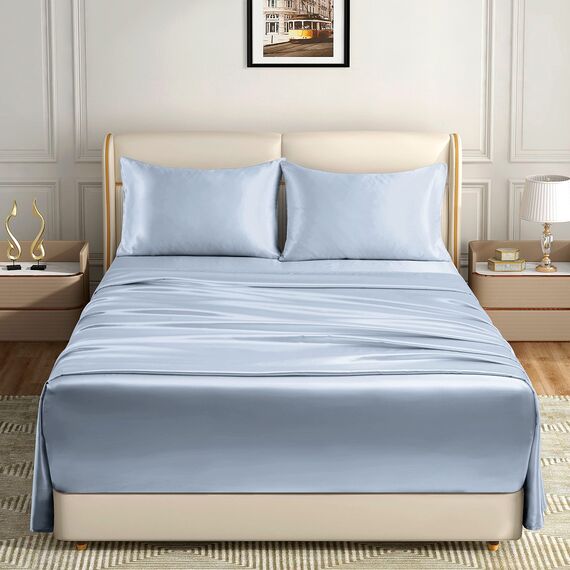 Homiest 4-teiliges extra tiefes Satin-Bettwäsche-Set, volle Größe, 45.7,61 cm tiefe Taschen-Bettlaken, babyblaues Satin-Bettlaken-Set, luxuriöses Spannbetttuch-Set, passend für ultratiefe Matratzen