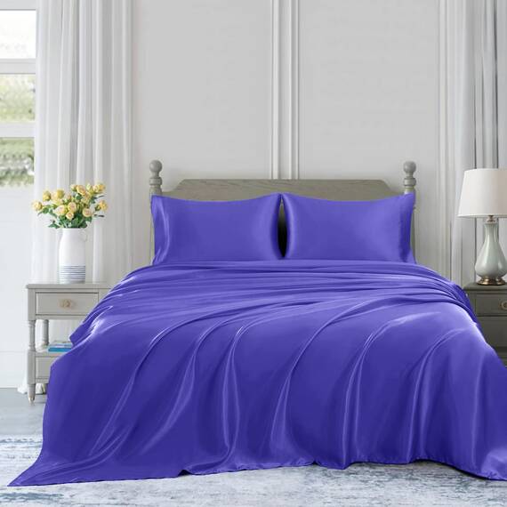 Homiest 4-teiliges Satin-Bettwäsche-Set, luxuriöses, seidiges Satin-Bettwäsche-Set mit tiefer Tasche, 1 Spannbetttuch + 1 Bettlaken + 2 Kissenbezüge (volle Größe, Periwinkle Blue)