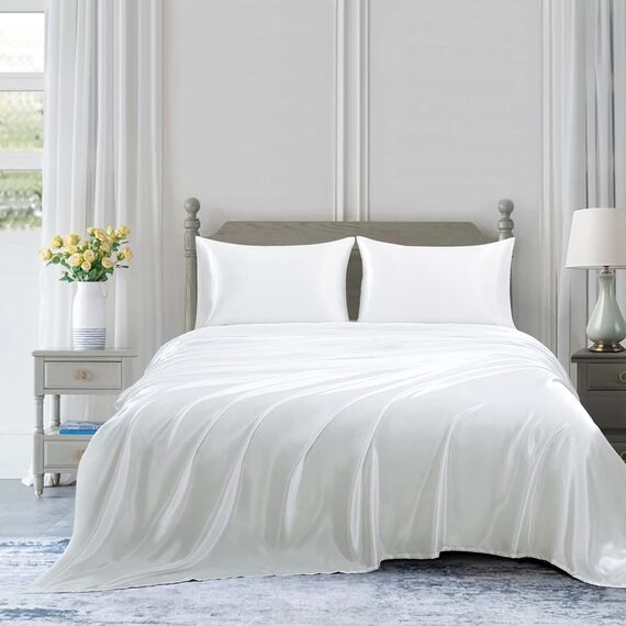 Homiest 4-teiliges Satin-Bettwäsche-Set, luxuriöses, seidiges Satin-Bettwäsche-Set mit tiefer Tasche, 1 Spannbetttuch + 1 Bettlaken + 2 Kissenbezüge (Cal King Size, weiß)