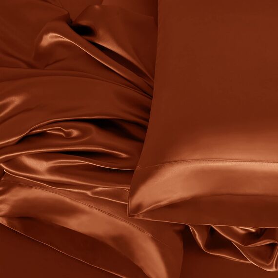 Homiest 4-teiliges Satin-Bettwäsche-Set, luxuriöses seidiges Satin-Bettwäsche-Set mit tiefen Taschen, 1 Spannbetttuch + 1 Bettlaken + 2 Kissenbezüge (Queen-Size-Größe, gebranntes Orange)