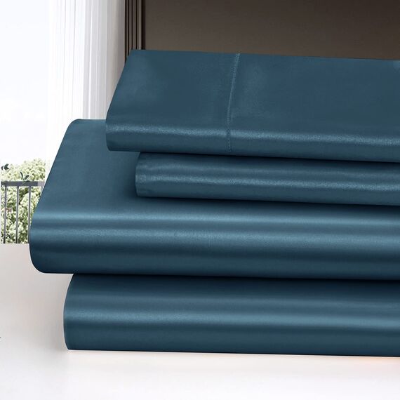 Homiest 4-teiliges Satin-Bettwäsche-Set mit tiefer Tasche, 1 Spannbetttuch + 1 Bettlaken + 2 Kissenbezüge (Queen-Size-Größe, Tiefseeblau)