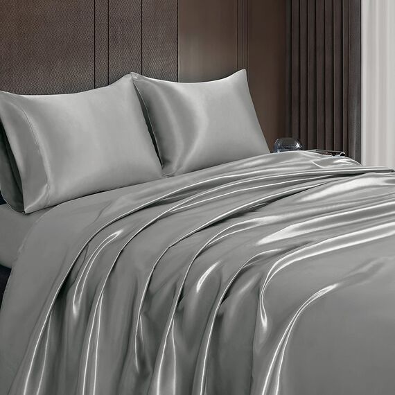 Homiest 4-teiliges Satin-Bettwäsche-Set mit tiefer Tasche, 1 Spannbetttuch + 1 Bettlaken + 2 Kissenbezüge (volle Größe, hellgrau)