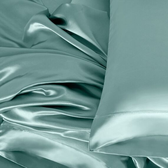 Homiest 4-teiliges Satin-Bettwäsche-Set, luxuriöses, seidiges Satin-Bettwäsche-Set mit tiefer Tasche, 1 Spannbetttuch + 1 Bettlaken + 2 Kissenbezüge (Queen-Size, graugrün)