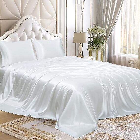 Homiest 4-teiliges Satin-Bettwäsche-Set, luxuriöses, seidiges Satin-Bettwäsche-Set mit tiefer Tasche, 1 Spannbetttuch + 1 Bettlaken + 2 Kissenbezüge (Cal King Size, weiß)