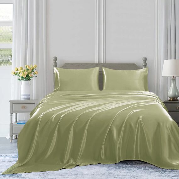Homiest 4-teiliges Satin-Bettwäsche-Set mit tiefer Tasche, 1 Spannbetttuch + 1 Bettlaken + 2 Kissenbezüge (King Size, Salbeigrün)