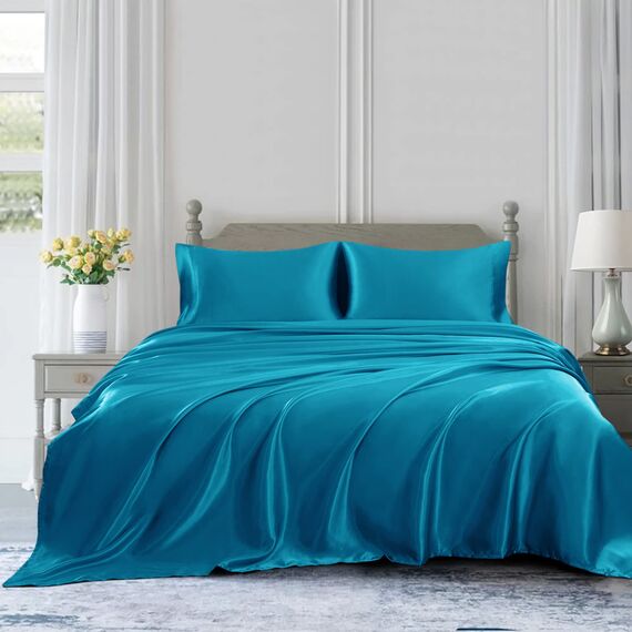 Homiest 3-teiliges Satin-Bettwäsche-Set, luxuriöses, seidiges Satin-Bettwäsche-Set mit tiefer Tasche, 1 Spannbetttuch + 1 Bettlaken + 1 Kissenbezug (Doppelbettgröße, Türkis)