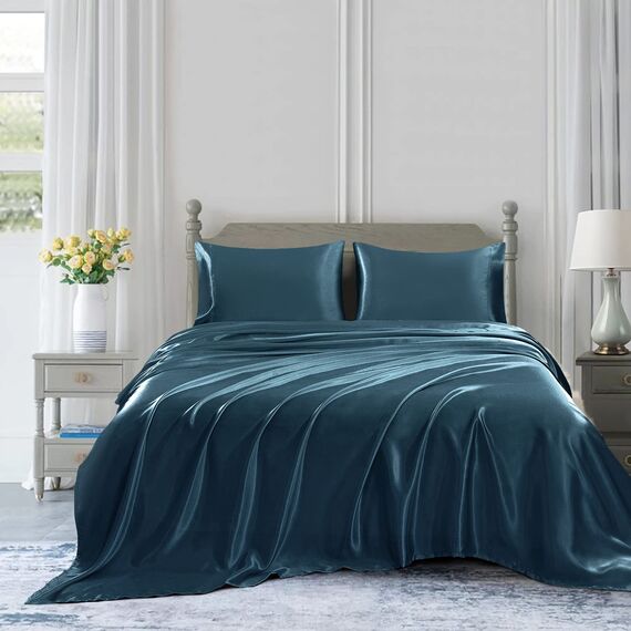 Homiest 4-teiliges Satin-Bettwäsche-Set mit tiefer Tasche, 1 Spannbetttuch + 1 Bettlaken + 2 Kissenbezüge (Queen-Size-Größe, Tiefseeblau)
