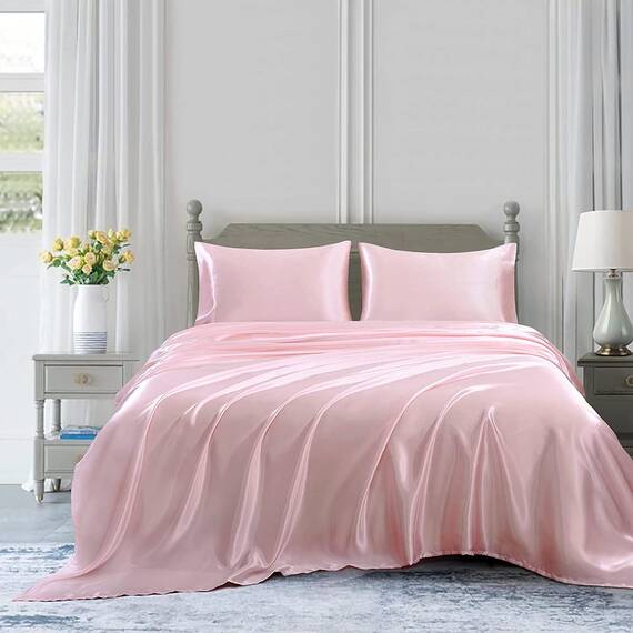 Homiest 5-teiliges Satin-Bettwäsche-Set für King-Size-Betten, luxuriöses, 2 Spannbettlaken + 1 Bettlaken + 2 Kissenbezüge (geteilte King-Size, Rouge-Pink)