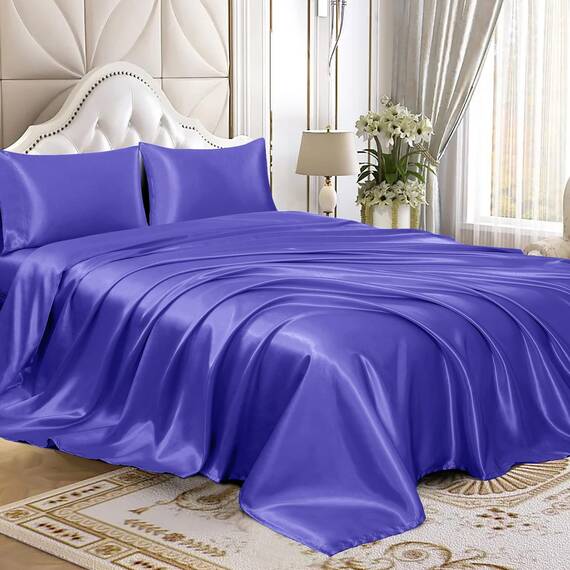 Homiest 4-teiliges Satin-Bettwäsche-Set, luxuriöses, seidiges Satin-Bettwäsche-Set mit tiefer Tasche, 1 Spannbetttuch + 1 Bettlaken + 2 Kissenbezüge (volle Größe, Periwinkle Blue)
