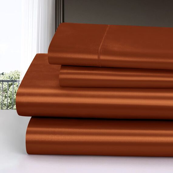 Homiest 4-teiliges Satin-Bettwäsche-Set, luxuriöses seidiges Satin-Bettwäsche-Set mit tiefen Taschen, 1 Spannbetttuch + 1 Bettlaken + 2 Kissenbezüge (Queen-Size-Größe, gebranntes Orange)