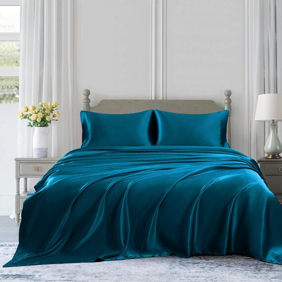Homiest 3-teiliges Satin-Bettwäsche-Set, luxuriöses, seidiges Satin-Bettwäsche-Set mit tiefer Tasche, 1 Spannbetttuch + 1 Bettlaken + 1 Kissenbezug (Doppelbettgröße, dunkles Blaugrün)