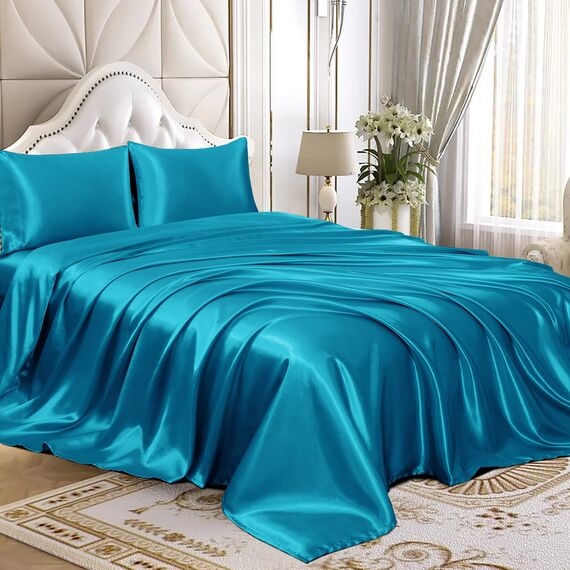 Homiest 3-teiliges Satin-Bettwäsche-Set, luxuriöses, seidiges Satin-Bettwäsche-Set mit tiefer Tasche, 1 Spannbetttuch + 1 Bettlaken + 1 Kissenbezug (Doppelbettgröße, Türkis)