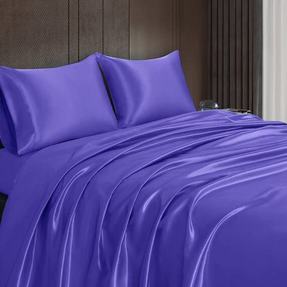 Homiest 4-teiliges Satin-Bettwäsche-Set, luxuriöses, seidiges Satin-Bettwäsche-Set mit tiefer Tasche, 1 Spannbetttuch + 1 Bettlaken + 2 Kissenbezüge (volle Größe, Periwinkle Blue)