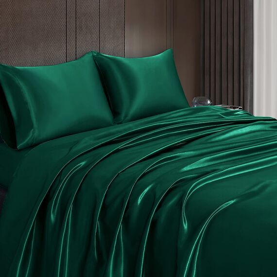 Homiest 4-teiliges Satin-Bettwäsche-Set, luxuriöses, seidiges Satin-Bettwäsche-Set mit tiefer Tasche, 1 Spannbetttuch + 1 Bettlaken + 2 Kissenbezüge (Cal King Size, schwarzgrün)