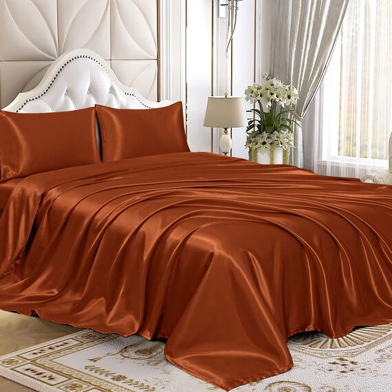 Homiest 4-teiliges Satin-Bettwäsche-Set, luxuriöses, seidiges Satin-Bettwäsche-Set mit tiefer Tasche, 1 Spannbetttuch + 1 Bettlaken + 2 Kissenbezüge (volle Größe, gebranntes Orange)