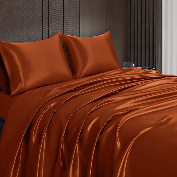 Homiest 4-teiliges Satin-Bettwäsche-Set, luxuriöses, seidiges Satin-Bettwäsche-Set mit tiefer Tasche, 1 Spannbetttuch + 1 Bettlaken + 2 Kissenbezüge (volle Größe, gebranntes Orange)