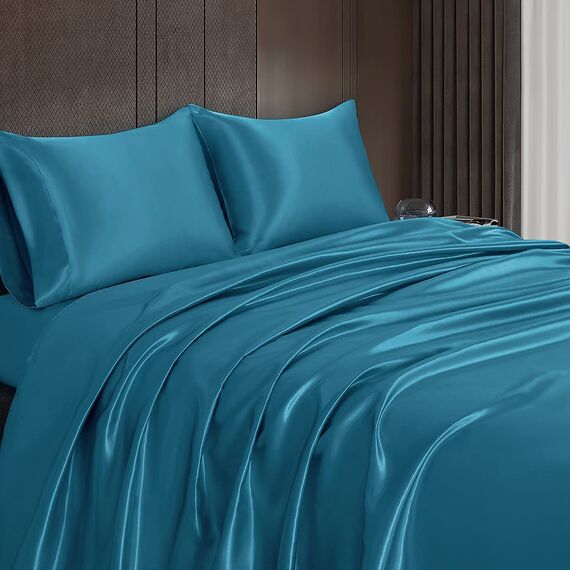 Homiest 4-teiliges Satin-Bettwäsche-Set, luxuriöses, seidiges Satin-Bettwäsche-Set mit tiefer Tasche, 1 Spannbetttuch + 1 Bettlaken + 2 Kissenbezüge (Queen-Size, Seeblau)