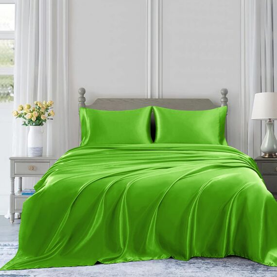 Homiest 3-teiliges Satin-Bettwäsche-Set, luxuriöses, seidiges Satin-Bettwäsche-Set mit tiefer Tasche, 1 Spannbetttuch + 1 Bettlaken + 1 Kissenbezüge (Doppelbettgröße, Limettengrün)