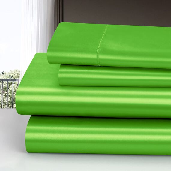 Homiest 3-teiliges Satin-Bettwäsche-Set, luxuriöses, seidiges Satin-Bettwäsche-Set mit tiefer Tasche, 1 Spannbetttuch + 1 Bettlaken + 1 Kissenbezüge (Doppelbettgröße, Limettengrün)