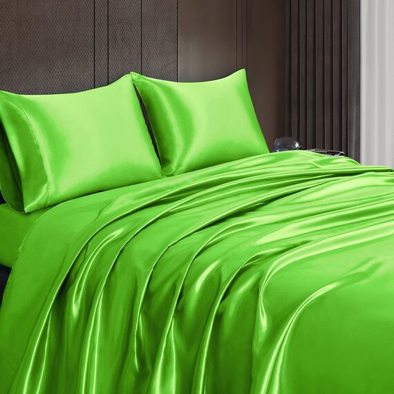 Homiest 3-teiliges Satin-Bettwäsche-Set, luxuriöses, seidiges Satin-Bettwäsche-Set mit tiefer Tasche, 1 Spannbetttuch + 1 Bettlaken + 1 Kissenbezüge (Doppelbettgröße, Limettengrün)