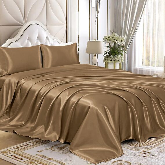 Homiest 4-teiliges Satin-Bettwäsche-Set, luxuriöses, seidiges Satin-Bettwäsche-Set mit tiefer Tasche, 1 Spannbetttuch + 1 Bettlaken + 2 Kissenbezüge (volle Größe, Kamelbraun)