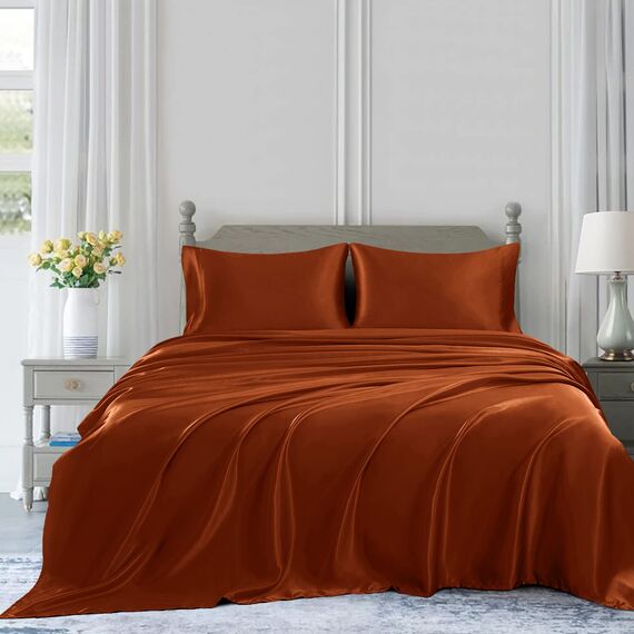 Homiest 4-teiliges Satin-Bettwäsche-Set, luxuriöses seidiges Satin-Bettwäsche-Set mit tiefen Taschen, 1 Spannbetttuch + 1 Bettlaken + 2 Kissenbezüge (Queen-Size-Größe, gebranntes Orange)
