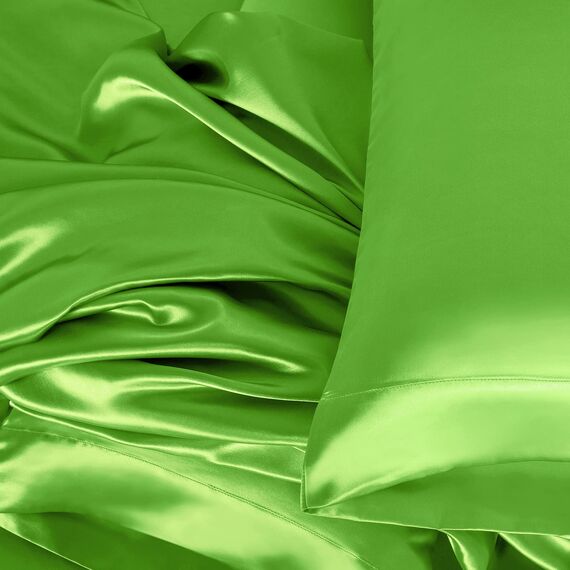 Homiest 3-teiliges Satin-Bettwäsche-Set, luxuriöses, seidiges Satin-Bettwäsche-Set mit tiefer Tasche, 1 Spannbetttuch + 1 Bettlaken + 1 Kissenbezüge (Doppelbettgröße, Limettengrün)
