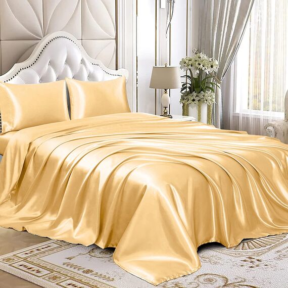 Homiest 4-teiliges Satin-Bettwäsche-Set, luxuriöses seidiges Satin-Bettwäsche-Set mit tiefen Taschen, 1 Spannbetttuch + 1 Bettlaken + 2 Kissenbezüge (volle Größe, Gold)