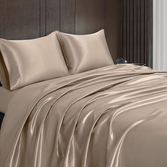 Homiest 4-teiliges Satin-Bettwäsche-Set, luxuriöses, seidiges Satin-Bettwäsche-Set mit tiefer Tasche, 1 Spannbetttuch + 1 Bettlaken + 2 Kissenbezüge (Cal King Size, Taupe)