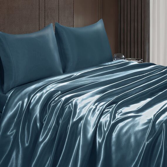 Homiest 4-teiliges Satin-Bettwäsche-Set mit tiefer Tasche, 1 Spannbetttuch + 1 Bettlaken + 2 Kissenbezüge (Queen-Size-Größe, Tiefseeblau)