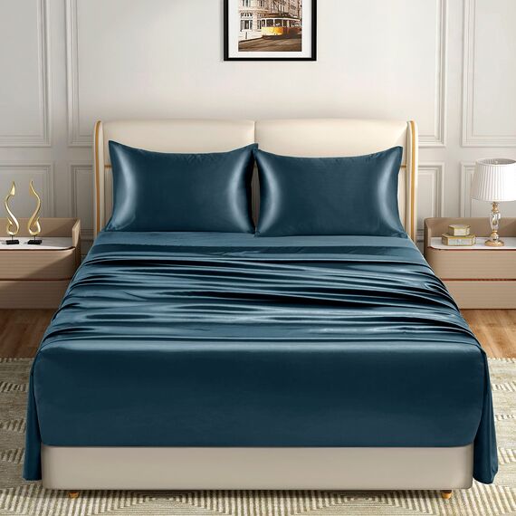 Homiest 4-teiliges extra tiefes Satin-Bettwäsche-Set, volle Größe, 45.7,61 cm tiefe Taschen-Bettlaken, tiefseeblaues Satin-Bettlaken-Set, weiches Spannbetttuch-Set, passend für ultratiefe Matratzen