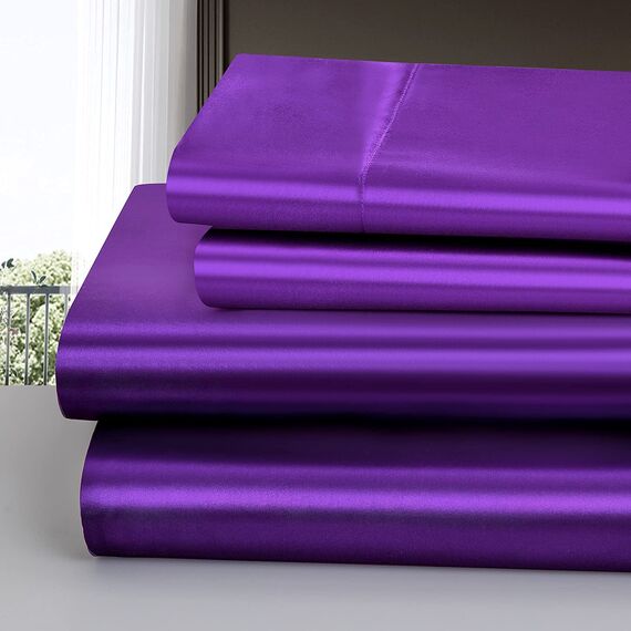 Homiest 3-teiliges Satin-Bettwäsche-Set mit tiefer Tasche, 1 Spannbetttuch + 1 Bettlaken + 1 Kissenbezug (Doppelbettgröße, lila)