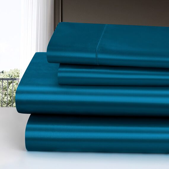 Homiest 3-teiliges Satin-Bettwäsche-Set, luxuriöses, seidiges Satin-Bettwäsche-Set mit tiefer Tasche, 1 Spannbetttuch + 1 Bettlaken + 1 Kissenbezug (Doppelbettgröße, dunkles Blaugrün)