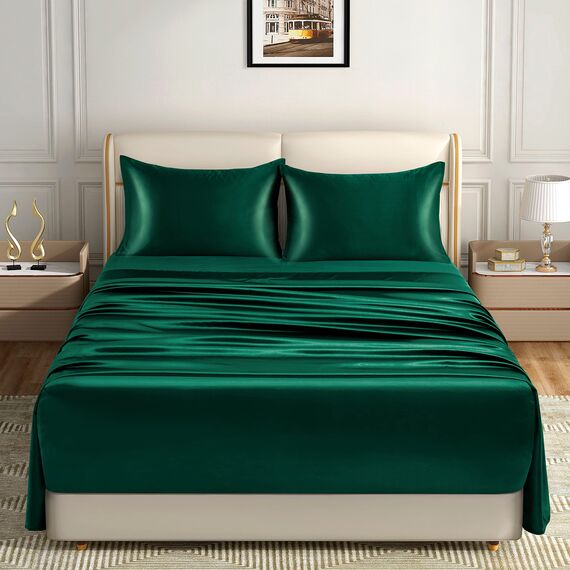 Homiest 4-teiliges extra tiefes Satin-Bettwäsche-Set, volle Größe, 45.7,61 cm tiefe Taschen-Bettlaken, schwarzgrün, Satin-Bettlaken-Set, weiches Spannbetttuch-Set, passend für ultratiefe Matratzen
