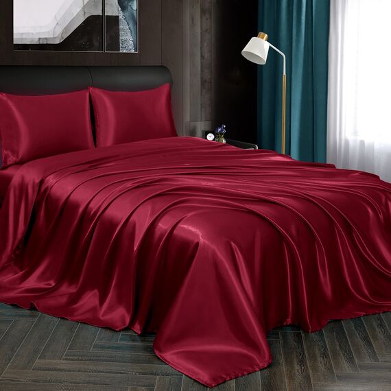 Homiest 4-teiliges Satin-Bettwäsche-Set, luxuriöses, seidiges Satin-Bettwäsche-Set mit tiefer Tasche, 1 Spannbetttuch + 1 Bettlaken + 2 Kissenbezüge (volle Größe, Burgunderrot)