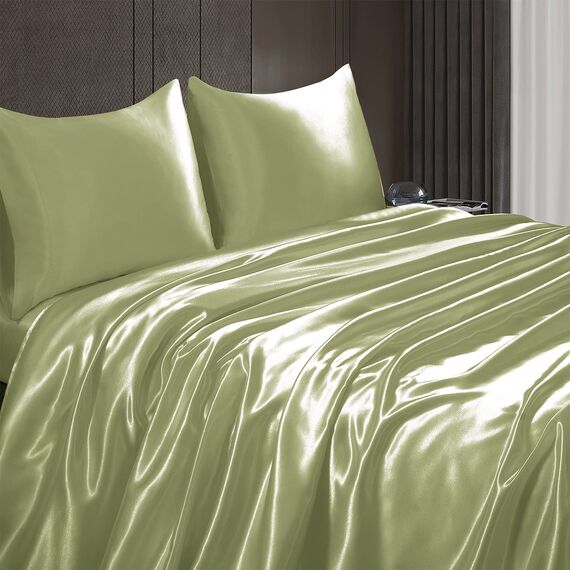 Homiest 4-teiliges Satin-Bettwäsche-Set mit tiefer Tasche, 1 Spannbetttuch + 1 Bettlaken + 2 Kissenbezüge (King Size, Salbeigrün)