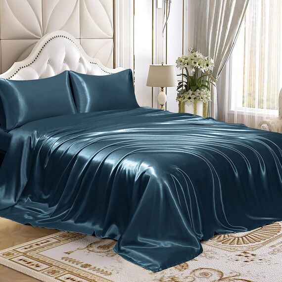 Homiest 4-teiliges Satin-Bettwäsche-Set, luxuriöses, seidiges Satin-Bettwäsche-Set mit tiefer Tasche, 1 Spannbetttuch + 1 Bettlaken + 2 Kissenbezüge (Cal King Size, Deep Sea Blue)