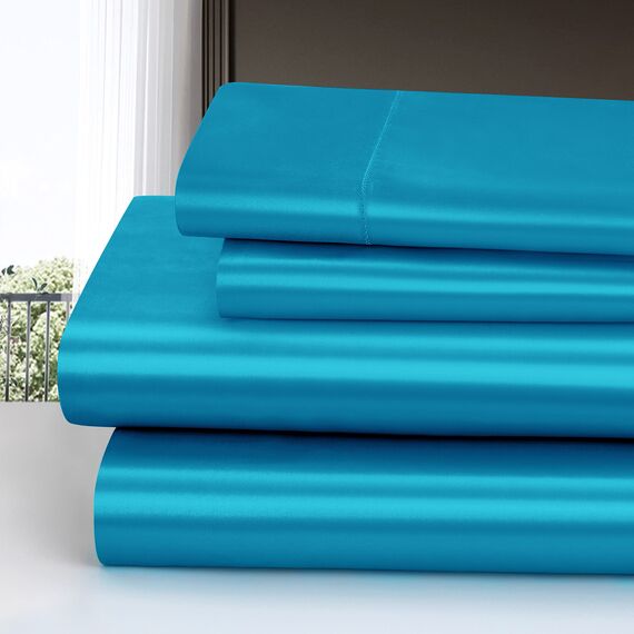 Homiest 3-teiliges Satin-Bettwäsche-Set, luxuriöses, seidiges Satin-Bettwäsche-Set mit tiefer Tasche, 1 Spannbetttuch + 1 Bettlaken + 1 Kissenbezug (Doppelbettgröße, Türkis)