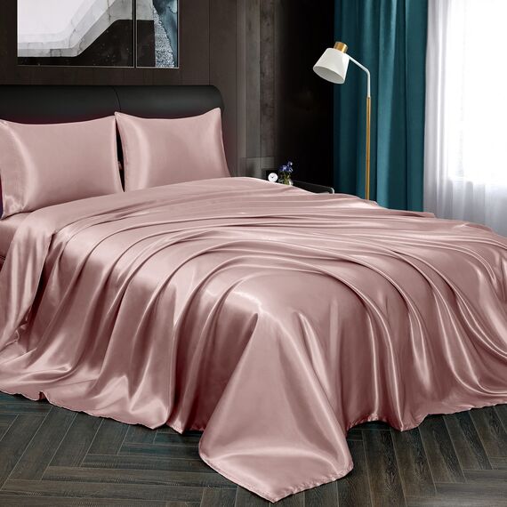 Homiest 3-teiliges Satin-Bettwäsche-Set, luxuriöses, seidiges Satin-Bettwäsche-Set mit tiefer Tasche, 1 Spannbetttuch + 1 Bettlaken + 1 Kissenbezug (Doppelbettgröße, Roségold)