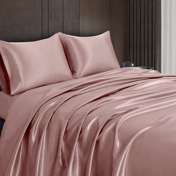 Homiest 3-teiliges Satin-Bettwäsche-Set, luxuriöses, seidiges Satin-Bettwäsche-Set mit tiefer Tasche, 1 Spannbetttuch + 1 Bettlaken + 1 Kissenbezug (Doppelbettgröße, Roségold)