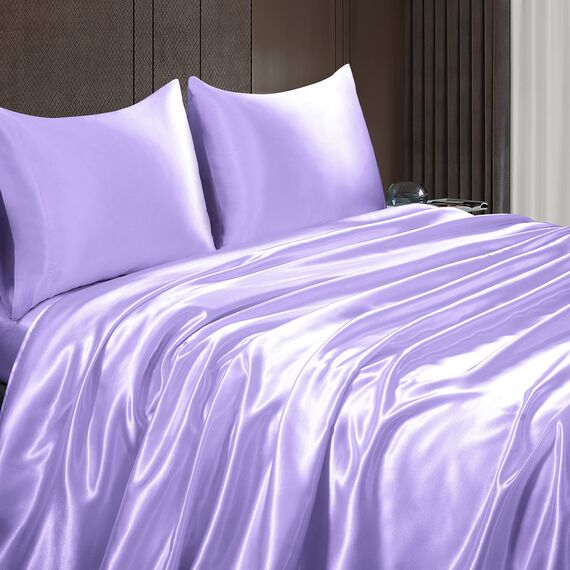 Homiest 3-teiliges Satin-Bettwäsche-Set, luxuriöses, seidiges Satin-Bettwäsche-Set mit tiefer Tasche, 1 Spannbetttuch + 1 Bettlaken + 1 Kissenbezug (Doppelbettgröße, Lavendel)