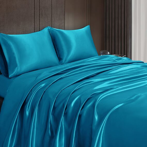 Homiest 4-teiliges Satin-Bettwäsche-Set, luxuriöses, seidiges Satin-Bettwäsche-Set mit tiefer Tasche, 1 Spannbetttuch + 1 Bettlaken + 2 Kissenbezüge (volle Größe, türkis)