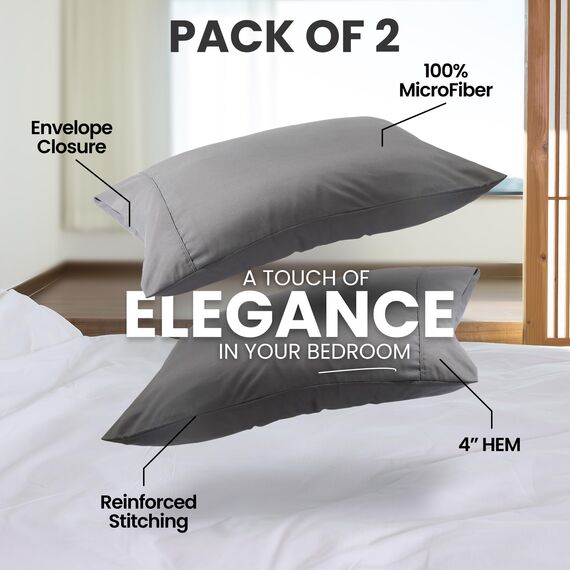 Utopia Bedding Standard-Kissenbezüge – 2er-Pack – Hotelverschluss – weicher, gebürsteter Mikrofaserstoff – schrumpf- und farbecht, Kissenbezüge 20 X 26 Inches (Standard, Grau)
