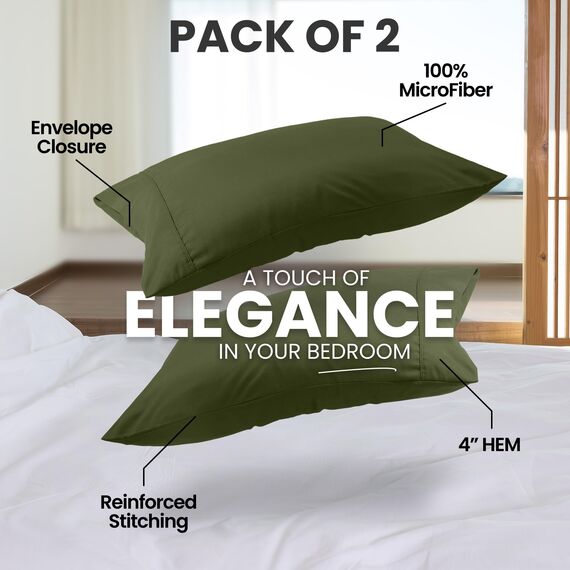 Utopia Bedding Queen-Kissenbezüge – 2er-Pack – Hotelverschluss – weicher, gebürsteter Mikrofaserstoff – schrumpf- und farbecht, Kissenbezüge 20 X 30 Inches (Queen, Olivgrün)