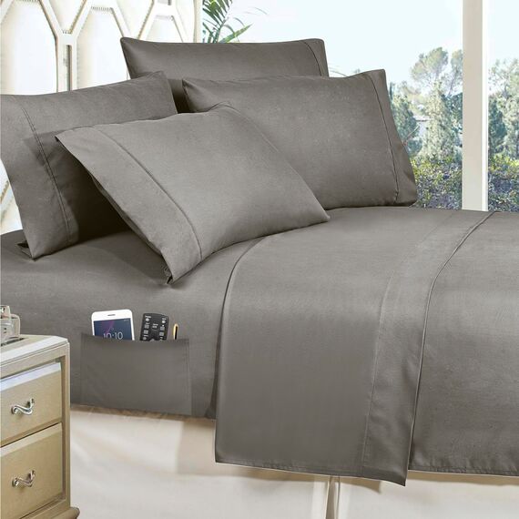 Elegant Comfort Weiches Bettwäsche-Set mit doppelseitigen Aufbewahrungstaschen, Mikrofaser, Grau, Twin XL